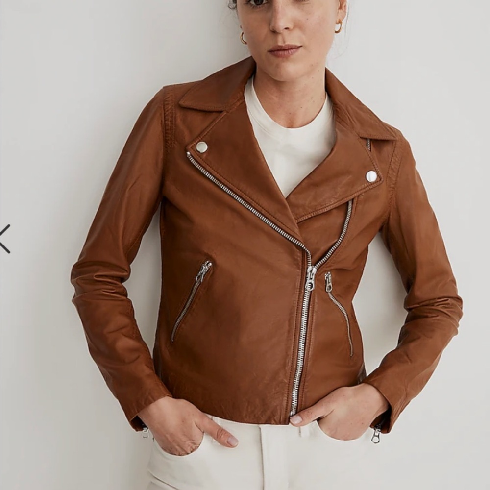 Madewell Womens $525 Washed Leather Motorcycle Jacket Dried Cedar Size Small
